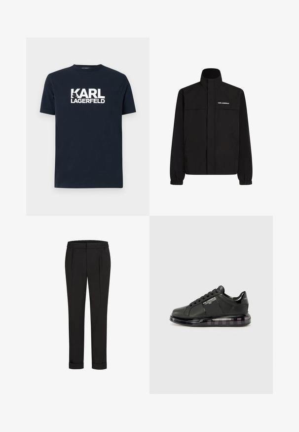 Chaqueta negra con cuello alto, puños elásticos y dos bolsillos frontales. Presenta un logo en el lado superior izquierdo en blanco. Tejido suave y resistente al agua.; Camiseta de algodón azul marino con mangas cortas y cuello redondeado, con un audaz logo blanco de "KARL LAGERFELD" en el pecho.; Pantalones negros con cintura elástica, con un diseño de pierna recta y dobladillos enrollados. Hechos de una tela suave y Woven sin patrones.; Zapatilla negra con parte superior de cuero liso, puntera redondeada y diseño con cordones. Presenta una suela clara y acolchada con un degradado oscuro.