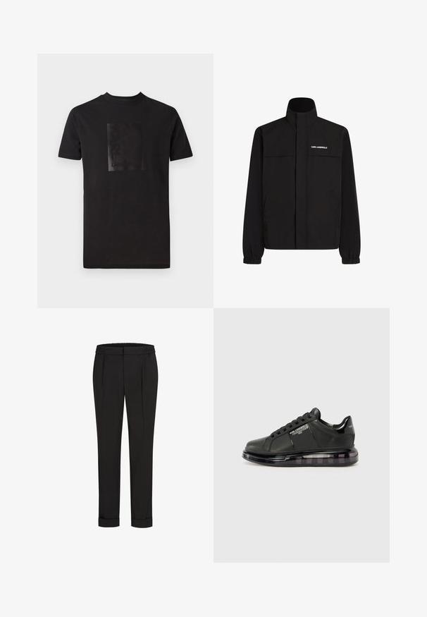 Melna jaka ar augstu apkakli, elastīgām aprocēm un divām priekšējām kabatām. Ieprintēts logo augšējā kreisajā pusē baltā krāsā. Gluda, ūdensizturīga auduma.; Melnas kokvilnas T-krekls ar matētu melnu taisnstūra logotipu uz priekšpuses. Apaļš kakls, īsas piedurknes un regulārs piegriezums.; Melni bikses ar elastīgu jostu, ar taisna piegriezuma dizainu un sarullētām piedurknēm. Izgatavotas no gluda, auduma bez rakstiem.; Melnas sporta kurpes ar gludu ādas virsu, noapaļotu purngalu un saistīšanas dizainu. Iezīmē skaidru, mīkstu zoli ar tumšu gradientu.