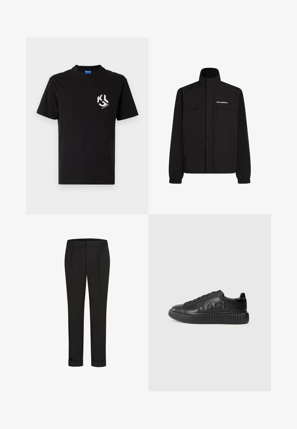 Mustan värvi jakk, millel on kõrge krae, elastsed mansetid ja kaks esikot. Ümber vasaku ülemise külje on valge logo. Sile, veekindel kangas.; Must musta t-särk, millel on valge graafika vasakul rinnal. Ümmargune kaelus, lühikesed varrukad ja klassikaline lõige.; Mustad püksid elastse vöökohtaga, sirge jala kujundusega ja üles keeratud äärtega. Valmistatud siledast, kudumisega kangast, ilma mustriteta.; Mustad must sneaker, mille pehme nahaga, paksu sooniku põhja ja reljeefse kaubamärgiga. Klassikaline paelaga sulgemisdisain ümmarguste silmadega.
