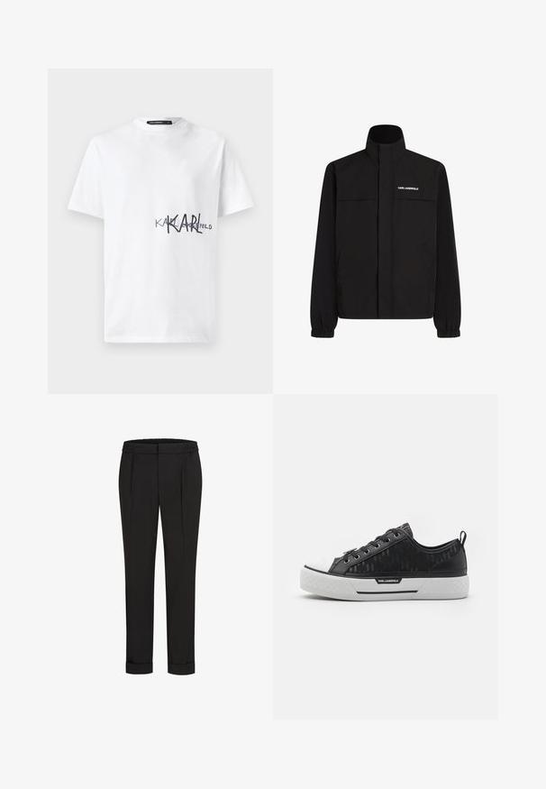 Juodas švarkas su aukštu apykakle, elastingais rankogaliais ir dviem priekinėmis kišenėmis. Viršutinėje kairėje pusėje yra baltas logotipas. Lygus, vandeniui atsparus audinys.; Balta medvilninė marškinėlių su juodu spaudiniu, kuris skaitomas "KARL" su perbrauktu "KARL" ir "FELD" apačioje. Apvalus iškirpimas, trumpomis rankovėmis.; Juodi kelnių su elastinga juosmena, tiesaus kirpimo ir sukurtomis rankovėmis. Pagaminti iš lygaus, audinio be raštų.; Juodas žemas sportinis batelis su raštuota kanapių viršumi, baltu guminiu nosies dangteliu, tekstūruotu padu ir logotipo akcentu šone. Metaliniai aklai raištams.