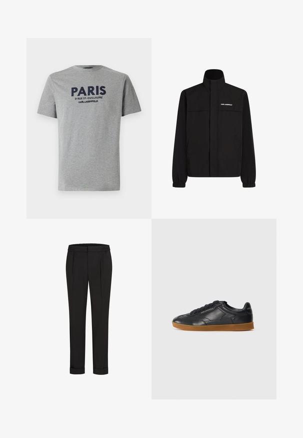 Melna jaka ar augstu apkakli, elastīgām aprocēm un divām priekšējām kabatām. Ieprintēts logo augšējā kreisajā pusē baltā krāsā. Gluda, ūdensizturīga auduma.; Pelēka kokvilnas T-krekls ar īsām piedurknēm, ar izšūtu tumši zilu tekstu: "PARĪZE 21 RUE ST-GUILLAUME KARL LAGERFELD" uz priekšpuses.; Melni bikses ar elastīgu jostu, ar taisna piegriezuma dizainu un sarullētām piedurknēm. Izgatavotas no gluda, auduma bez rakstiem.; Melna ādas sporta kurpe ar noapaļotu purngalu, saistīšanas priekšpusi un kontrastējošu gumijas zoli. Satur izspiestu zīmolu malā un aizmugurē.