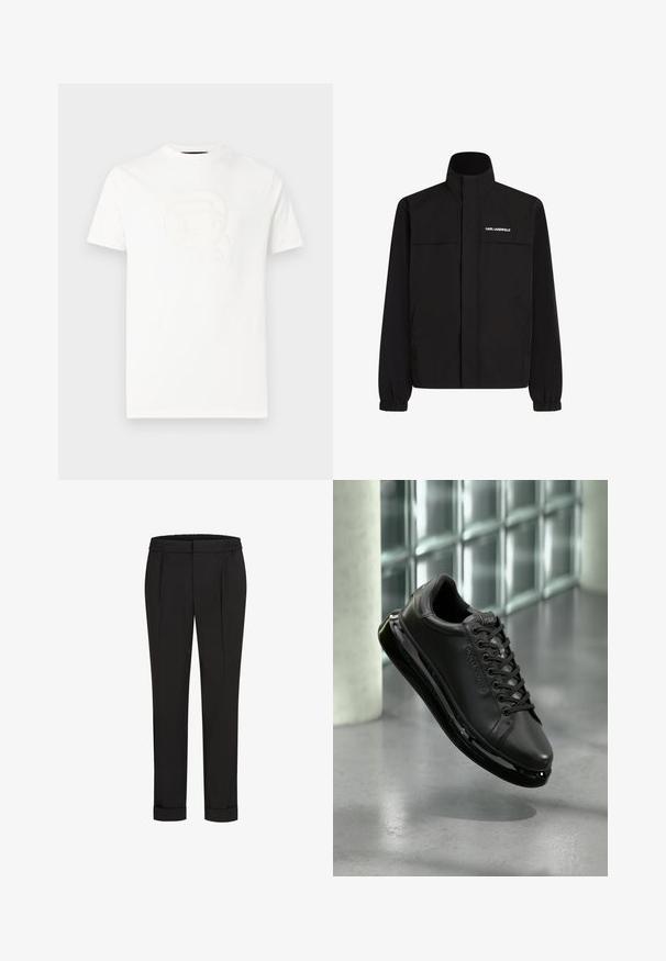 Čierna bunda s vysokým golierom, elastickými manžetami a dvoma prednými vreckami. Na hornej ľavej strane sa nachádza logo v bielej farbe. Hladká, vodeodolná tkanina.; Biele tričko s krátkym rukávom s vyrezávanou grafikou štýlizovanej tváre so slnečnými okuliarmi a copíkom, s textom "KARL LAGERFELD" pod ňou.; Čierne nohavice s elastickým pásom, s rovnými nohavicami a prehnutými manžetami. Vyrobené z hladkej tkaniny bez vzorov.; Čierne kožené tenisky s viazaním, ktoré majú polstrovanú podrážku a reflexné detaily. Obuv sa vznáša nad hladkým povrchom.