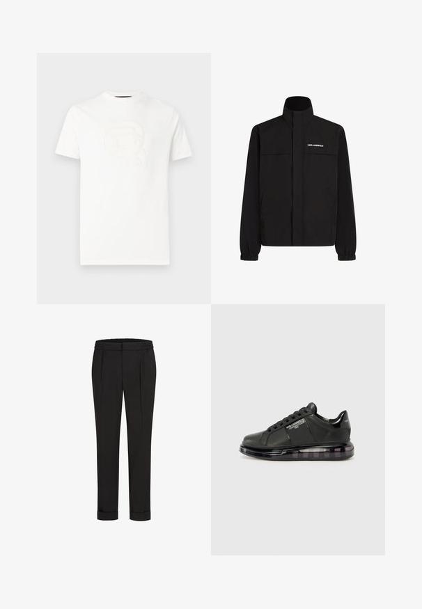 Černá bunda s vysokým límcem, elastickými manžetami a dvěma předními kapsami. Na levé horní straně se nachází bílé logo. Hladká, voděodolná tkanina.; Bílé tričko s krátkým rukávem s reliéfním motivem stylizované tváře s brýlemi na slunce a culíkem, pod kterým je nápis „KARL LAGERFELD“.; Černé kalhoty s elastickým pasem, s rovnými nohavicemi a ohrnutými lemy. Vyrobené z hladké tkaniny bez vzorů.; Černé tenisky s hladkým koženým svrškem, zaoblenou špičkou a šněrovacím designem. Mají průhlednou, polstrovanou podrážku s tmavým přechodem.