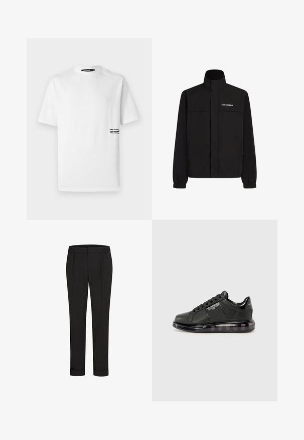 Černá bunda s vysokým límcem, elastickými manžetami a dvěma předními kapsami. Na levé horní straně se nachází bílé logo. Hladká, voděodolná tkanina.; Bílý bavlněný tričko s krátkým rukávem, kulatým výstřihem a natištěným textem "KARL LAGERFELD" na spodním rukávu. Hladká textura, standardní střih.; Černé kalhoty s elastickým pasem, s rovnými nohavicemi a ohrnutými lemy. Vyrobené z hladké tkaniny bez vzorů.; Černé tenisky s hladkým koženým svrškem, zaoblenou špičkou a šněrovacím designem. Mají průhlednou, polstrovanou podrážku s tmavým přechodem.
