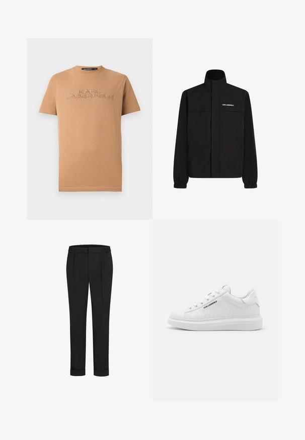 Mustan värvi jakk, millel on kõrge krae, elastsed mansetid ja kaks esikot. Ümber vasaku ülemise külje on valge logo. Sile, veekindel kangas.; Pruun puuvillane T-särk lühikeste varrukatega, mille esiosas on kergelt heledamas toonis tikkitud tekst "KARL LAGERFELD".; Mustad püksid elastse vöökohtaga, sirge jala kujundusega ja üles keeratud äärtega. Valmistatud siledast, kudumisega kangast, ilma mustriteta.; Valged sneakerid, mis on valmistatud siledast nahast ja millel on reljeefne muster. Omab ümmargust varvasekambrit, nööpide ja paeltega esiosa ning tekstuurset tallaosa. Külje peal on hõbedane logo detail.
