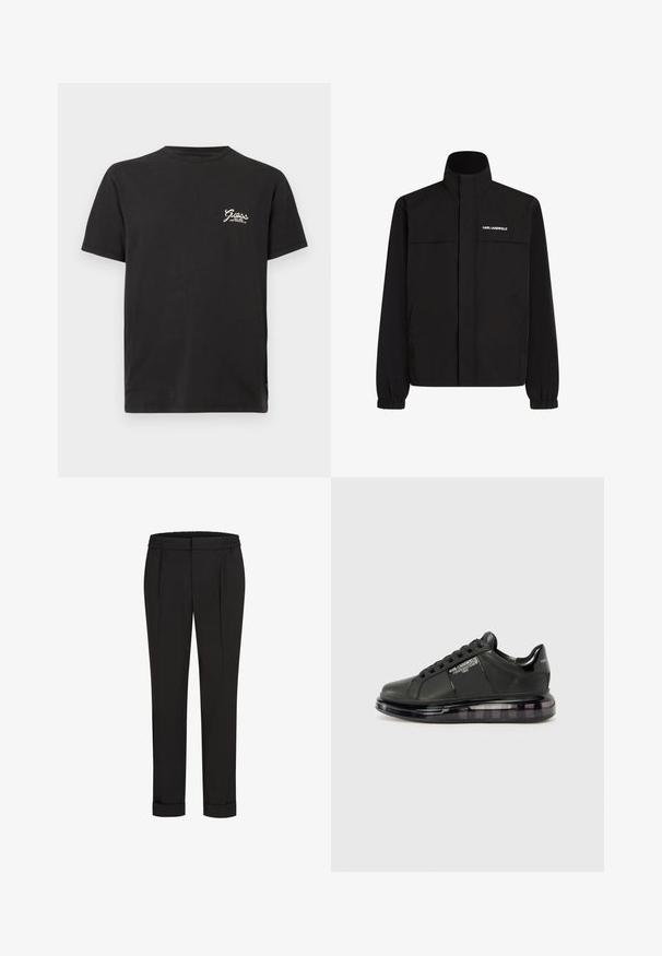 Schwarze Jacke mit hohem Kragen, elastischen Bündchen und zwei Fronttaschen. Mit Logo auf der oberen linken Seite in Weiß. Glattes, wasserabweisendes Material.; Schwarzes Baumwoll-T-Shirt mit rundem Ausschnitt und kurzen Ärmeln. Mit weißem "Guess"-Logo auf der linken Brustseite. Klassischer gerader Schnitt.; Schwarze Hose mit Gummibund, gerade geschnitten und mit umgeschlagenen Säumen. Hergestellt aus glattem, gewebtem Stoff ohne Muster.; Schwarzer Sneaker mit glattem Lederobermaterial, rundem Zehenbereich und Schnürdesign. Ausgestattet mit einer klaren, gepolsterten Sohle mit einem dunklen Verlauf.