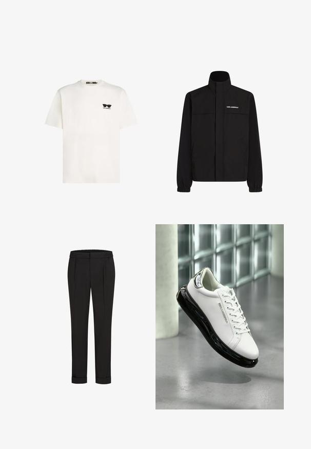 Melna jaka ar augstu apkakli, elastīgām aprocēm un divām priekšējām kabatām. Ieprintēts logo augšējā kreisajā pusē baltā krāsā. Gluda, ūdensizturīga auduma.; KARL LAGERFELD RELAXED SUNGLASSES - Pamata T-krekls - pristine; Melni bikses ar elastīgu jostu, ar taisna piegriezuma dizainu un sarullētām piedurknēm. Izgatavotas no gluda, auduma bez rakstiem.; Baltas ādas sporta apavi ar melnu gumijas zoli un caurspīdīgām detaļām. Aprīkoti ar auklām un reljefu logotipu, fons - pelēks grīdas segums.