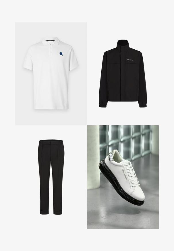Svart jacka med hög krage, elastiska muddar och två framfickor. Har logotyp på övre vänstra sidan i vitt. Slät, vattenavvisande tyg.; Vit polo skjorta i bomull med krage, tre knappar och en marinblå broderad logotyp på vänster bröst.; Svarta byxor med elastisk midja, med en rak bendesign och uppvikta fållar. Tillverkade av glatta, vävda tyger utan mönster.; Vit läder sneakers med svart gummi sula och transparenta detaljer. Har snören och präglad logotyp, placerad mot en grå golvyta.