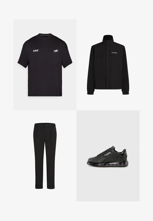 Zwarte jas met hoge kraag, elastische manchetten en twee voorzakken. Kenmerkt een logo op de bovenste linkerzijde in het wit. Glad, waterafstotend materiaal.; Zwart T-shirt met korte mouwen, gemaakt van katoen. Bevat witte tekst "CNZ" en een gestileerd logo aan de voorkant. Eenvoudig ontwerp met ronde hals.; Zwarte broek met een elastische tailleband, met een rechtvallend ontwerp en opgerolde manchetten. Gemaakt van glad, geweven stof zonder patronen.; Zwarte sneaker met een gladleren bovenkant, ronde neus en vetersluiting. Beschikt over een doorzichtige, gevoerde zool met een donkere vervaging.