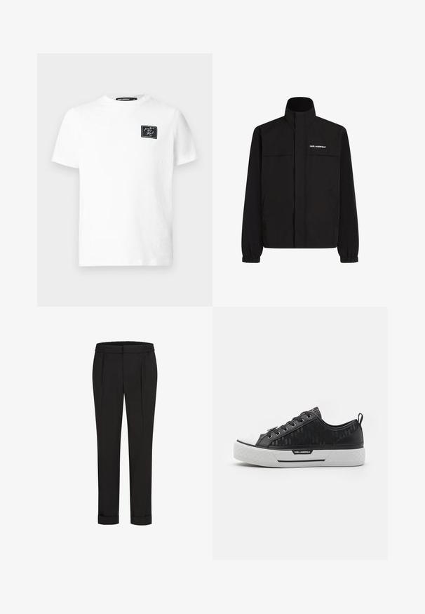 Musta takki, jossa on korkea kaulus, joustavat hihat ja kaksi etutaskua. Vasemmassa yläkulmassa valkoinen logo. Sileä, vedenkestävä kangas.; Valkoinen lyhythihainen pyöreäkauluksinen t-paita, jossa on pieni musta suorakulmainen merkki vasemmassa rinnassa, jossa on valkoista käsinkirjoitettua tekstiä.; Mustat housut, joissa on joustava vyötärö, suoran lahkeiden muotoilu ja käännetyt hihnat. Valmistettu sileästä, kudotusta kankaasta ilman kuvioita.; Musta matala sneaker, jossa on kuvioitu kangas päällinen, valkoinen kuminen varvastuppi, tekstuuripohja ja logopainatus sivussa. Metalliset reiät nauhoille.