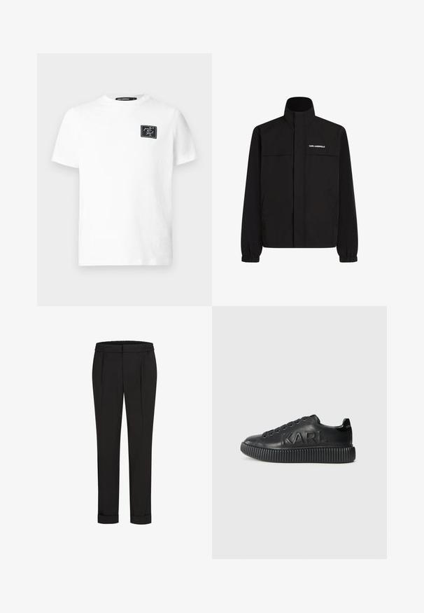 Mustan värvi jakk, millel on kõrge krae, elastsed mansetid ja kaks esikot. Ümber vasaku ülemise külje on valge logo. Sile, veekindel kangas.; Valge lühikeste varrukatega ümar kaelusega t-särk, mille vasakul rinnal on väike must ristkülikukujuline säsi, millel on valge kaldkirjas tekst.; Mustad püksid elastse vöökohtaga, sirge jala kujundusega ja üles keeratud äärtega. Valmistatud siledast, kudumisega kangast, ilma mustriteta.; Mustad must sneaker, mille pehme nahaga, paksu sooniku põhja ja reljeefse kaubamärgiga. Klassikaline paelaga sulgemisdisain ümmarguste silmadega.