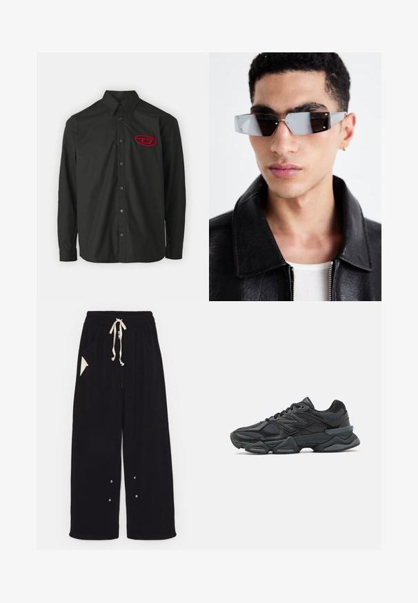 Czarna kurtka bomber z wyraźnie kątowymi ramionami, przednim zamkiem błyskawicznym, kieszenią na suwak na rękawie oraz ściągaczami przy mankietach i u dołu.; Czarna koszula z długim rękawem i kołnierzykiem zapinanym na guziki. Posiada czerwony haftowany logo na lewej piersi oraz pasujące czarne guziki.; Czarny T-shirt z krótkim rękawem wykonany z bawełny, z okrągłym dekoltem i luźnym krojem. Gładka faktura z minimalnymi detalami przeszycia.; Czarne spodnie w szerokim kroju wykonane z miękkiej tkaniny, z elastycznym pasem na sznurek, bocznymi kieszeniami oraz trójkątną kieszonką akcentującą. Zawierają elementy ze srebrnego metalowego wykończenia.; Czarne buty biegowe z mieszanką siateczki i materiałów syntetycznych, masywną podeszwą, opływowym kształtem oraz wyraźnym brandingiem z boku.; Kątowe, szare okulary przeciwsłoneczne z metalowymi elementami w kolorze srebrnym, na jasnym tle. Soczewki mają unikalny, geometryczny kształt.