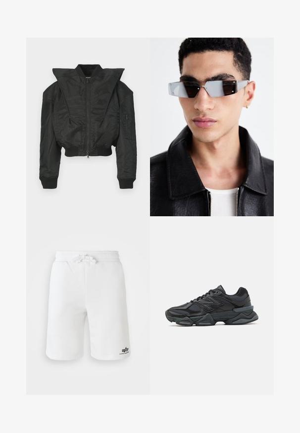 Veste bomber noire avec des épaules angulaires exagérées, fermeture éclair à l'avant, poche zippée sur la manche et poignets et ourlet côtelés.; T-shirt noir à manches courtes en coton, avec un col rond et une coupe décontractée. Texture lisse avec des détails de couture minimalistes.; Shorts en coton blanc avec une taille élastique et un cordon de serrage. Présente un logo imprimé sur le côté inférieur gauche et une texture lisse.; Chaussure de course noire mettant en avant un mélange de mesh et de matériaux synthétiques, avec une semelle épaisse, un design arrondi et un logo bien visible sur le côté.; Lunettes de soleil grises angulaires avec des détails en argent, sur un fond clair. Les verres présentent une forme géométrique unique.