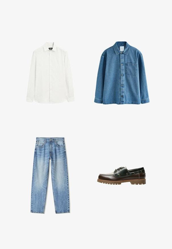 Blauwe denim overhemd met een standaard kraag, knoopsluiting aan de voorkant, zak op de linkerborst en lange mouwen met knoopmanchetten.; Lange mouwen shirt in lichtgrijs met subtiele verticale strepen. Met knoopsluiting aan de voorkant, button-down kraag en manchet met één knoop. Gestructureerde stof.; Lichtblauwe denim jeans met een losse pasvorm, recht gesneden pijpen, vijf zakken en een vervaagde textuur. Voorzien van een knoop- en ritssluiting aan de voorkant.; Bruine en groene leren bootschoen met een witte gestikte design, ronde veters en een gestructureerde rubberen zool. Duurzame constructie met metalen veteroogjes.