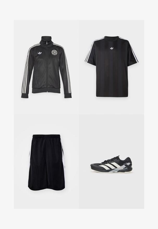 Melns sporta aizsargjakas ar baltām svītrām uz piedurknēm, augstu apkakli, ar rāvējslēdzēju un apaļu logo uz krūšu; izgatavots no gludas, spīdīgas kvalitātes materiāla.; Melns īsām piedurknēm T-krekls ar baltām trīs svītru detaļām uz pleciem un mazu baltu logo uz krūšu apvidus. Gluda auduma tekstūra.; adidas Originals MEGABREAK - Treniņtērpa apakšdaļas - black; Melnas sporta kurpes ar baltām svītrām, acs augšdaļa, noapaļots pirksts un mīksts zole. Iespējams ar teksturētu papēdi un drošu šņoru sistēmu.