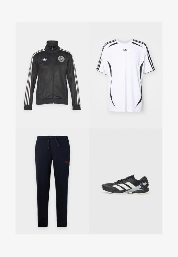 Black athletic jacket with white stripes on sleeves, high collar, zip front, and round logo on chest; made of smooth, shiny material.; White short-sleeve t-shirt featuring black side accents and three black stripes on shoulders. Includes small black logo on chest.; Navy drawstring joggers with side pockets, tapered legs, and orange "WEEKEND OFFICER" text on the right thigh. Soft cotton blend material.; Black athletic shoe with white stripes, mesh upper, rounded toe, and cushioned sole. Features a textured heel and secure lacing system.