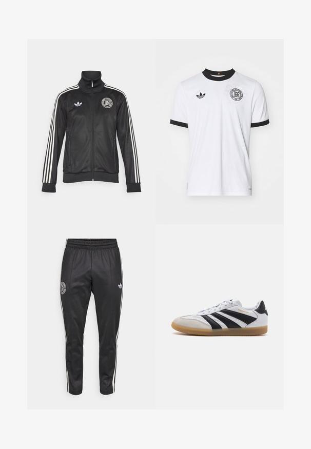 Črna atletska jakna z belimi črtami na rokavih, visokim ovratnikom, zadrgo spredaj in okroglo oznako na prsih; izdelana iz gladkega, sijočega materiala.; Bela kratka majica s kratkimi rokavi z črnim zaključkom in ovratnikom. Opremljena z Adidasovim logotipom, okroglo emblemo in subtilnim teksturiranim vzorcem na tkanini.; Črni športni hlače z ožjim krojem, elastičnim pasom, belimi stranskimi črtami in okrožnim logotipom na stegnu. Narejene iz gladkega, vzdržljivega blaga.; Beli usnjeni superge z črnimi črtami in detajli, sivim suedom na prstnem delu in gumijastim podplatom; imajo vezalni sistem in znamko "Predator".