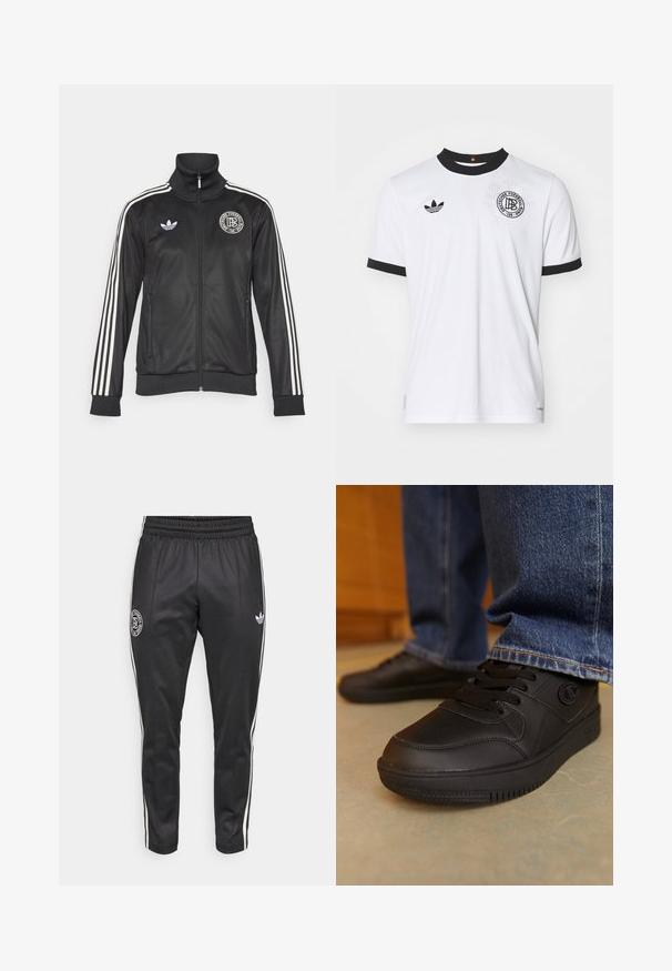 Fekete sportdzseki fehér csíkokkal az ujjakon, magas gallérral, cipzáros elülső résszel és kerek logóval a mellkason; sima, fényes anyagból készült.; Fehér, rövid ujjas mez fekete díszítéssel és gallérral. Tartalmazza az Adidas logóját, kerek emblémát és finom textúrázott mintát az anyagon.; Fekete sportnadrág, taperd szabással, rugalmas derékkal, fehér oldalsávokkal és kerek logóval a combon. Simább és tartós anyagból készült.; Fekete sportcipők sima, szintetikus anyagból. Fűzős záródással és texturált díszítéssel rendelkezik a felsőrészen. Gumitalp, amelyek taposó mintával rendelkezik.
