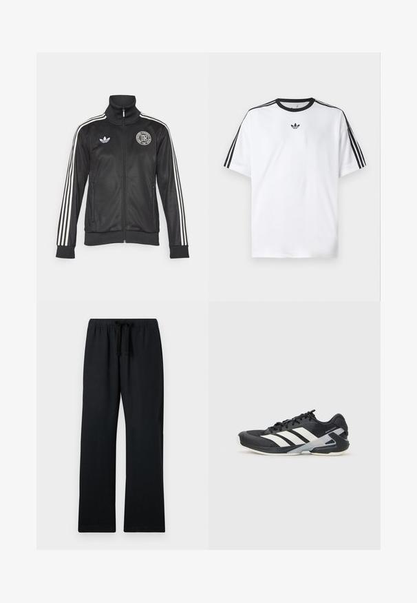 Schwarze Sportjacke mit weißen Streifen an den Ärmeln, hohem Kragen, Reißverschluss vorn und rundem Logo auf der Brust; aus glattem, glänzendem Material gefertigt.; Weißes T-Shirt aus Baumwolle mit einem schwarzen, runden Halsausschnitt und drei schwarzen Streifen auf jeder Schulter. Kleines schwarzes Logo auf der Brust.; Schwarze, locker sitzende Hosen mit einem elastischen Bund und verstellbarem Kordelzug. Glattes Material, gerades Bein-Design und ohne Muster.; Schwarzer Sportschuh mit weißen Streifen, Obermaterial aus Mesh, runde Zehenform und gepolstertem Sohlenteil. Verfügt über eine strukturierte Ferse und ein sicheres Schnürsystem.