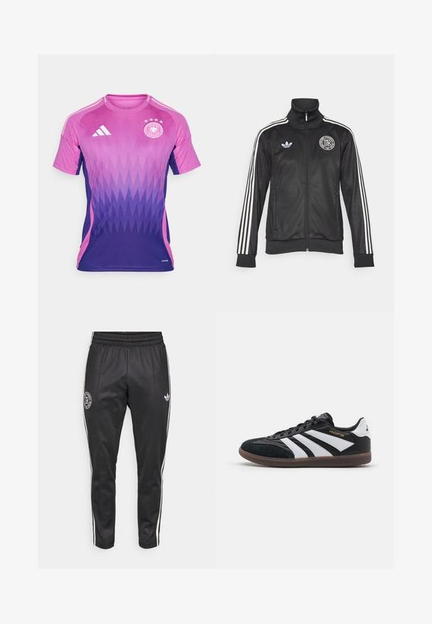 Giacca sportiva nera con strisce bianche sulle maniche, colletto alto, chiusura con zip e logo rotondo sul petto; realizzata in materiale liscio e lucido.; Maglietta da calcio con gradienti viola e rosa, motivo a zigzag, logo Adidas sul petto, colletto rotondo, maniche corte e distintivo ricamato.; Pantaloni sportivi neri con vestibilità affusolata, vita elastica, strisce laterali bianche e un logo circolare sulla coscia. Realizzati in un tessuto liscio e resistente.; Scarpe da ginnastica in bianco e nero con tomaia in suede e materiale sintetico, dotate di tre strisce bianche distintive, suola in gomma e testo dorato "Predator".