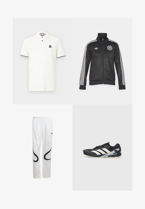 Must must jackets valgete triipudega varrukatel, kõrge kraega, lukuga ees ja ümmargune logo rinnal; valmistatud siledast, läikivast materjalist.; Valge puuvillane polo-särk, millel on krae, kaks pruuni nööpi ja must logo plaastriga rinnal. Prinditud pruuni detailidega.; Valged sportpüksid sileda pinnaga, mustade kaarjate kujunditega külgedel ja must logoga vöökoha lähedal.; Mustad sportlik jalanõud mustade värvidega, valgete triipudega, võrgusilma pealmine osa, ümar varvas ja pehme tallaga. Omab tekstureeritud kontsa ja kindlat paeltesüsteemi.