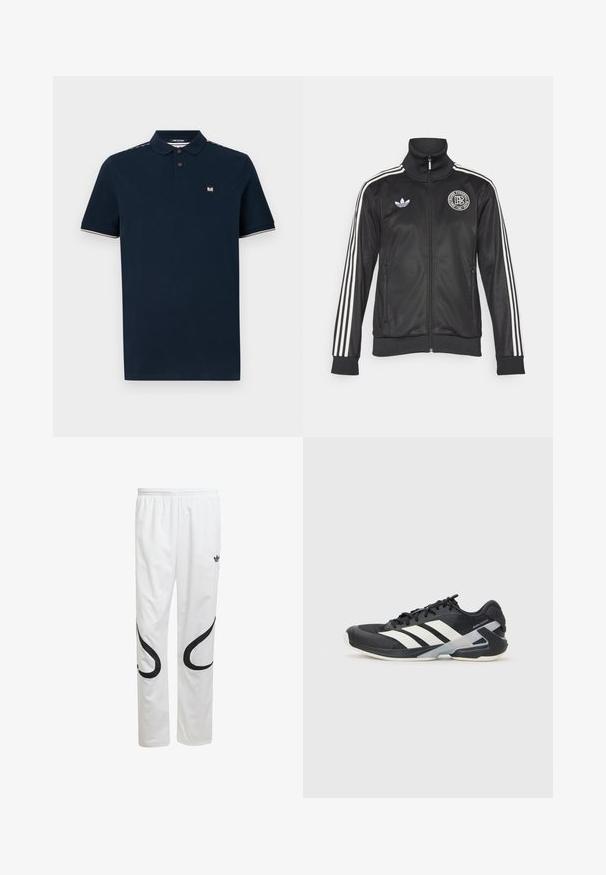 Fekete sportdzseki fehér csíkokkal az ujjakon, magas gallérral, cipzáros elülső résszel és kerek logóval a mellkason; sima, fényes anyagból készült.; Tengerészkék pólóing pamut keverékből, három gombos kivágással, rövid ujjakkal és kontrasztos díszítéssel a galléron és az ujjakon.; Fehér sportnadrág sima textúrával, fekete ívelt mintákkal az oldalán és fekete logóval a derékrészen.; Fekete sportcipő fehér csíkokkal, hálós felsőrész, kerek orr és párnázott talp. Texturált sarokkal és biztonságos fűzőrendszerrel rendelkezik.