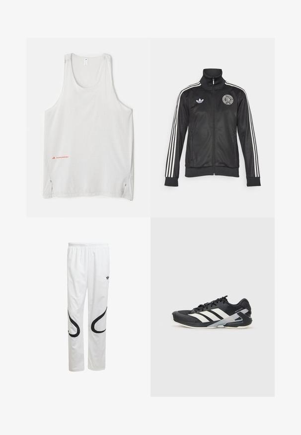 Zwarte sportjack met witte strepen op de mouwen, hoge kraag, rits aan de voorkant en ronde logo op de borst; gemaakt van een glad, glanzend materiaal.; Witte mouwloze tanktop van lichtgewicht stof, met kleine stippenpatronen en zijsplitten. Merkl logo in het rood op de onderlinkerzijde.; Witte sportbroeken met een gladde textuur, voorzien van zwarte gebogen ontwerpen aan de zijkanten en een zwart logo vlakbij de tailleband.; Zwarte sportschoen met witte strepen, bovenwerk van mesh, ronde neus en geveerde zool. Heeft een getextureerde hak en een veilig vetersysteem.