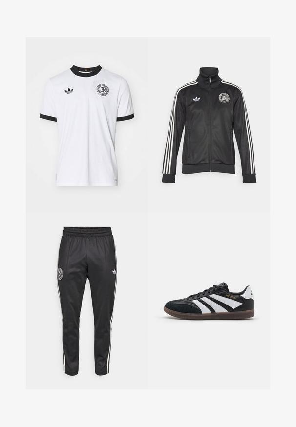 Casaco atlético preto com riscas brancas nas mangas, gola alta, fecho éclair à frente e logotipo redondo no peito; feito de material liso e brilhante.; Camiseta branca de manga curta com detalhes e gola pretos. Apresenta o logo da Adidas, um emblema redondo e um padrão texturizado subtil no tecido.; Calças de desporto negras com um corte justo, cintura elástica, riscas brancas nas laterais e um logótipo circular na coxa. Feitas a partir de um tecido liso e durável.; Tênis atléticos em preto e branco com parte superior em camurça e sintético, apresentando três faixas brancas distintas, sola de borracha e o texto dourado "Predator".