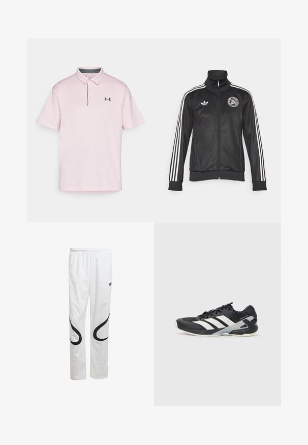 Veste de sport noire avec des rayures blanches sur les manches, col montant, fermeture éclair à l'avant et logo rond sur la poitrine ; fabriquée en matériau lisse et brillant.; T-shirt polo rose en tissu texturé, avec un col, deux boutons et une accent gris foncé au col ainsi qu'un logo noir sur la poitrine.; Pantalons de sport blancs avec une texture lisse, présentant des motifs courbés noirs sur les côtés et un logo noir près de la taille.; Chaussure de sport noire avec des rayures blanches, tige en mesh, bout arrondi et semelle rembourrée. Comprend un talon texturé et un système de laçage sécurisé.