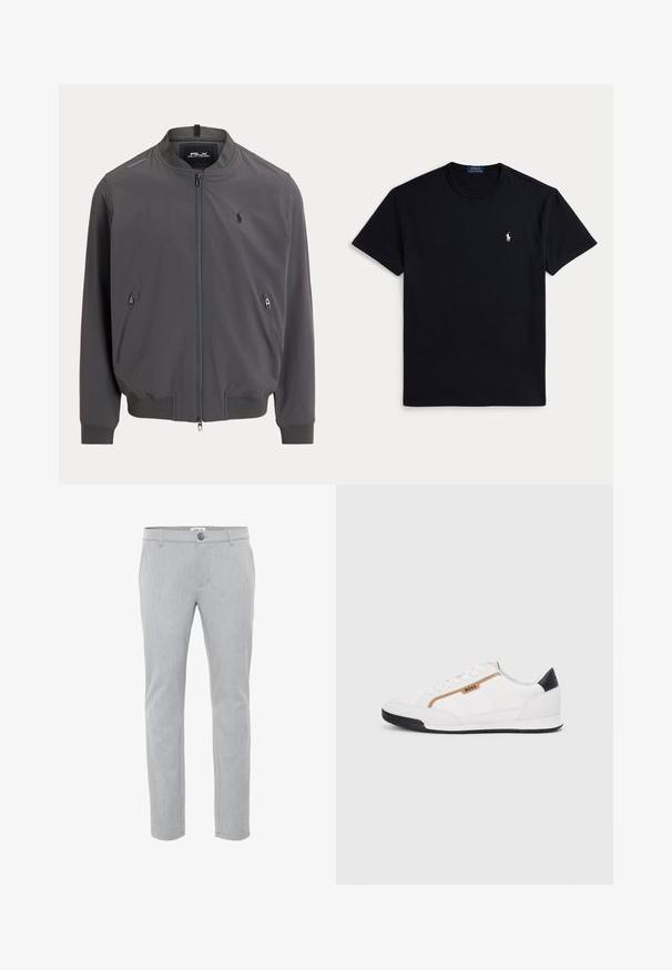 Men's bomber jacket, dark gray, lightweight fabric, front zipper, two zippered side pockets, ribbed cuffs and hem, small logo on chest.; Black cotton t-shirt featuring a crew neckline, short sleeves, and a small embroidered logo on the left chest. Smooth texture.; Light grey trousers made from woven fabric, featuring a flat front, button closure, and straight legs. Clean lines and minimal detailing.; White athletic shoes with mesh and leather accents. Features a gold "BOSS" logo, textured side panels, and a black heel cap. Rubber sole.