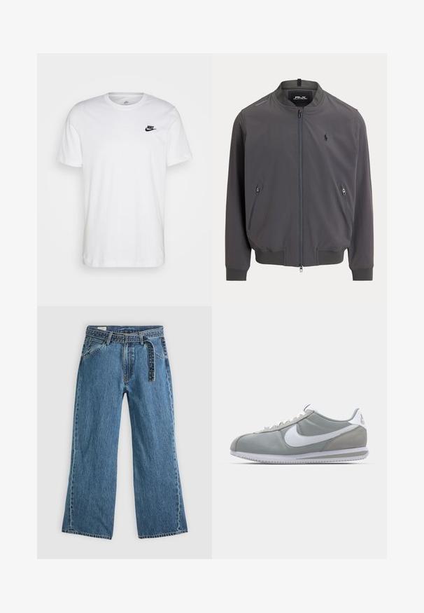 Férfi bomber dzseki, sötétszürke, könnyű anyagból, elöl cipzár, két cipzáras oldalzseb, bordázott mandzsetta és szegély, kis logó a mellkason.; Fehér pamut póló, kerek nyakkal, rövid ujjú, fekete Nike logóval a bal mellrészen. Egyszerű, egyszínű dizájn.; Kék farmer széles szárú nadrág, hozzáépített övvel, elülső zsebekkel és látható varrással, sima világos háttéren.; Szürke sportcipő velúr és textil felsőrésszel, fehér Nike pipa logóval és fehér fűzőkkel. Jellemzője egy texturált gumi talp és párnázott bokarész.