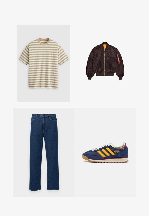 Brown satin bomber jacket with an orange inner lining, zip closure, ribbed cuffs, and side pockets. Features a zipped arm pocket with a tag.; Short-sleeve striped t-shirt in beige and green, featuring horizontal stripes, a round neckline, and a subtle Levi's logo on the front.; Dark blue straight-leg denim jeans with front pockets and a button closure, displayed on a plain white background.; Navy suede sneaker with yellow stripes, white laces, and burgundy accents. Textured sole with grooves for traction. Brand logo on side.