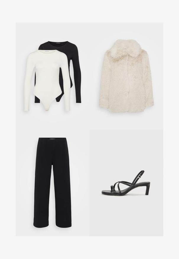 Dirbtinio kailio švarkas baltos spalvos, su minkšta ir pūkuota tekstūra bei plačiu apykakle. Turi tiesią kirpimą ir paslėptą priekį.; Du būgno su ilgomis rankovėmis baltos ir juodos spalvos. Pagaminti iš lygaus audinio, turi apvalų kaklą ir thong stilių, kad užtikrintų sklandų dėvėjimą.; Juodos plačios kelnės su elastingu juosmeniu. Pagamintos iš tekstūruotos medžiagos, turi laisvą siluetą ir tiesų kirpimą nuo klubų iki krašto.; Juodi šlepetės su kvadratiniu pirštu ir žemu bloku kulnu. Yra keli ploni dirželiai ir reguliuojamas kulkšnies diržas. Pagaminti iš lygios odos.