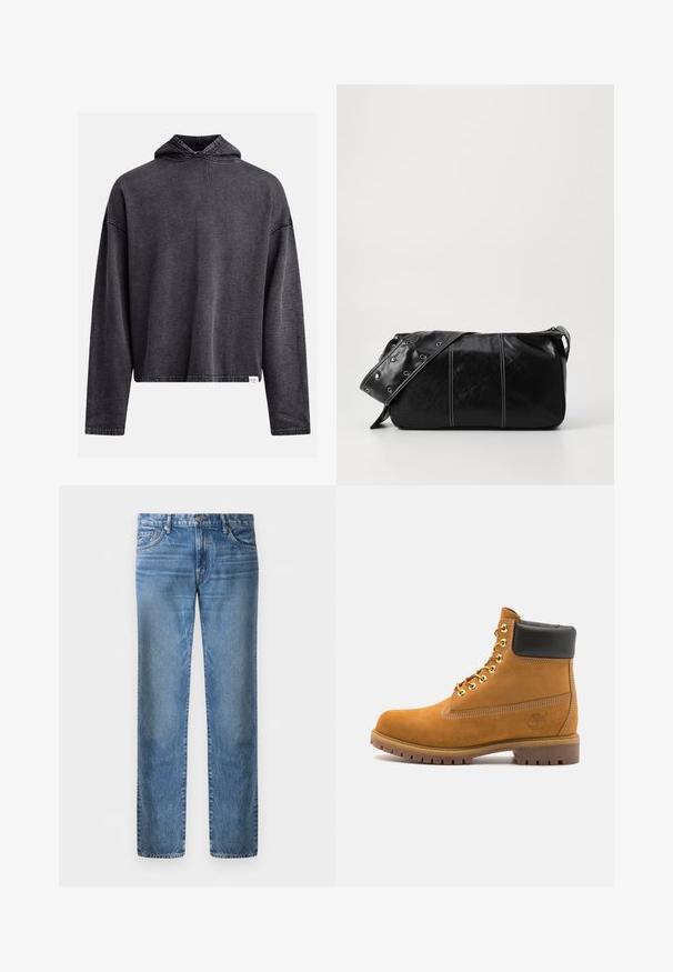 Sort fleecejakke med lynlås, bred krave og læderdetaljer ved taljen og manchetterne. Har en struktureret overflade.; Sort cropped hoodie lavet af blød, tekstureret stof. Har en hætte med snoretræk, lange ærmer og synlige syninger langs kanterne.; Lyseblå denimjeans, lige ben, fem lommer, metalknaplukning, falmet tekstur med let slidmønster på forsiden.; Tan nubuck ankelstøvle med sort polstret krave, gyldne metaløjer, hvid syning detaljer og robust gummisål med udtalte slidbaner.; Sort læder skuldertaske med lynlås, der har en tekstureret overflade, hvid syning og en rem med sølvøskner.