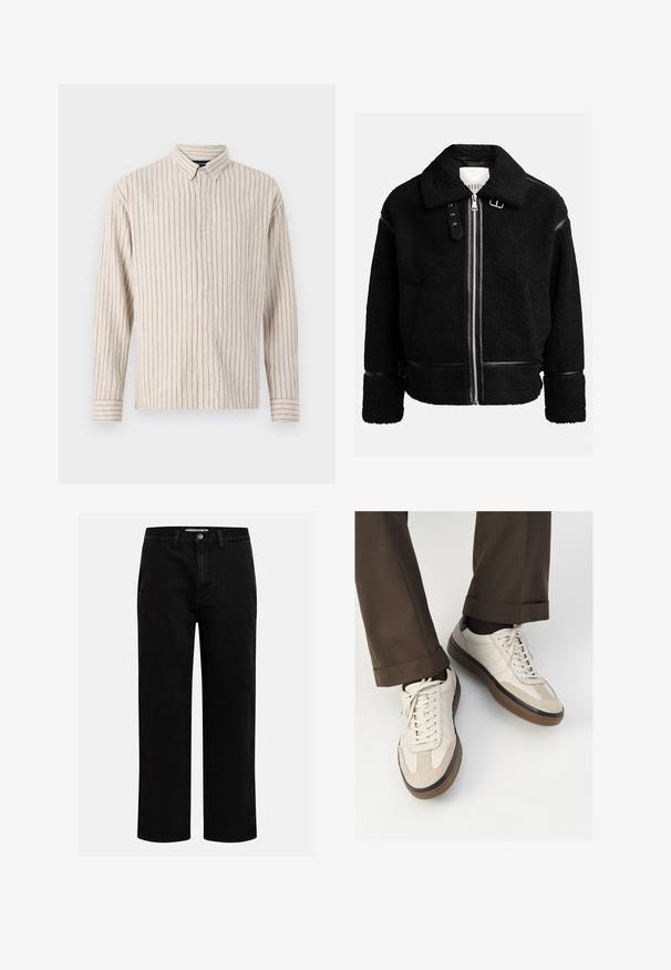 Jachetă din fleece neagră cu închidere prin fermoar, guler lat și accente din piele la talie și la manșete. Are un finisaj texturat.; Cămașă cu nasturi în crem, cu dungi verticale. Fabricată dintr-un material texturat, având guler, mâneci lungi și închidere cu nasturi în față.; Pantaloni din denim negri cu croi drept, design clasic cu cinci buzunare și închidere cu nasture la talie. Textură netedă și material durabil.; Adidași bej cu un vârf din suede texturat, laterale din piele netedă și o talpă din cauciuc maro. Șireturile și detalii de cusătură subtilă incluse.