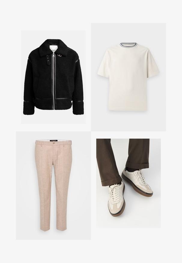 Fekete bolyhos dzseki cipzárral, széles gallérral, és bőr díszítéssel a deréknál és az ujjaknál. Jellemzője a texturált felület.; Krémszínű pamut póló rövid ujjakkal, kerek nyakkivágással, melyet tengerészkék és fehér csíkok díszítenek. Sima textúrájú, laza szabású.; Világos bézs színű nadrág, len keverék anyagból, lapos elülső résszel, övhurkokkal és egy gombos záródással. Egyenes lábú, szabásvonalú kivitel.; Beige sportcipők, texturált velúr elülső résszel, sima bőr oldalakkal és barna gumitalppal. Fűzők és világos varrási részletek is megtalálhatók.