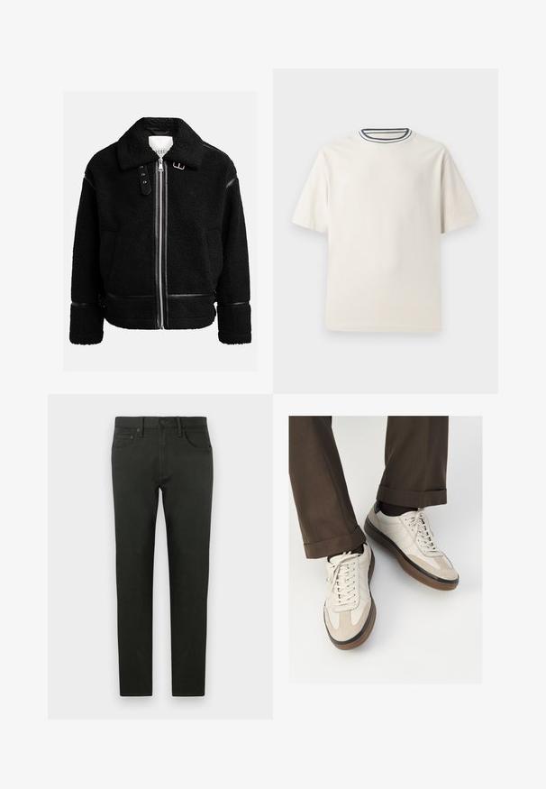 Mustmust jakk musta värvi, millel on tõmblukk, lai krae ja nahast detailid vöökoha ja varrukaotsades. Omab tekstureeritud viimistlust.; Kreemivärvi puuvillane T-särk lühikeste varrukatega, ümmarguse kaeluse ja mereteemalise sinise ja valge triibuga. Sile tekstuur, mugav lõike.; Tumed rohelised puuvillased püksid kitsas lõikes. Omavad sirget säärekest, eesolevaid taskuid ja nööpkinnitust. Sile tekstuur, minimaalne detailide arv.; Bežid spordijalised, millel on tekstuuriga suede esiosa, siledast nahast küljed ja pruun kummitald. Lisatud on paelad ja heledad õmbluse detailid.