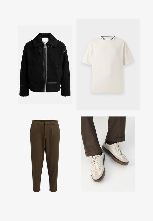 Czarna polarowa kurtka z zapięciem na zamek, szerokim kołnierzem i skórzanymi akcentami w talii i przy mankietach. Posiada teksturowane wykończenie.; Kremowa bawełniana koszulka z krótkim rękawem, z okrągłym dekoltem ozdobionym granatowymi i białymi paskami. Gładka tekstura, luźny krój.; Redefined Rebel - Spodnie materiałowe; Beżowe sneakersy z teksturowanym zamszowym przodem, gładkimi skórzanymi bokami i brązową gumową podeszwą. Zawierają sznurówki oraz subtelne detale w dwóch kolorach.