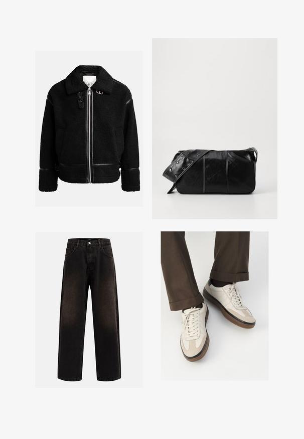 Čierna fleecová bunda so zipsom, širokým golierom a koženými detailmi na páse a manžetách. Má štruktúrovaný povrch.; Krémové bavlnené tričko s krátkymi rukávmi, s okrúhlym výstrihom doplneným námorníckymi a bielymi pruhmi. Hladká textúra, voľný strih.; Čierne denimové džínsy s uvoľneným strihom, s pútkami na opasok, dizajnom s piatimi vreckami a zapínaním na gombík. Textúrovaná látka so slabým vyblednutím.; Béžové tenisky s textúrovanou zamšovou prednou časťou, hladkými koženými bočnými stranami a hnusou gumovou podrážkou. Obsahujú šnúrky a svetlé stehy ako detail.; Čierna kožená kabelka cez plece so zipsovým uzáverom, so štruktúrovaným telom, bielym prešívaním a popruhom so striebornými očkami.