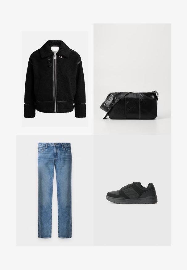 Czarna polarowa kurtka z zapięciem na zamek, szerokim kołnierzem i skórzanymi akcentami w talii i przy mankietach. Posiada teksturowane wykończenie.; Jasnoszara, długosleeve'owa koszulka polo z miękkiego materiału, z białym kołnierzykiem i zapięciem na cztery guziki. Gładka faktura, casualowy design.; Jasnoniebieskie dżinsy, proste nogawki, pięć kieszeni, zapięcie na metalowy guzik, wyblakły wygląd z lekkim zużyciem z przodu.; Czarny but sportowy z teksturowaną cholewką, akcentami z zamszu i siatki, wyściełanym kołnierzem oraz gumową podeszwą z bieżnikiem.; Czarna skórzana torba na ramię z zamkiem błyskawicznym, charakteryzująca się teksturowanym korpusem, białymi przeszyciami oraz paskiem z srebrnymi osłonkami.
