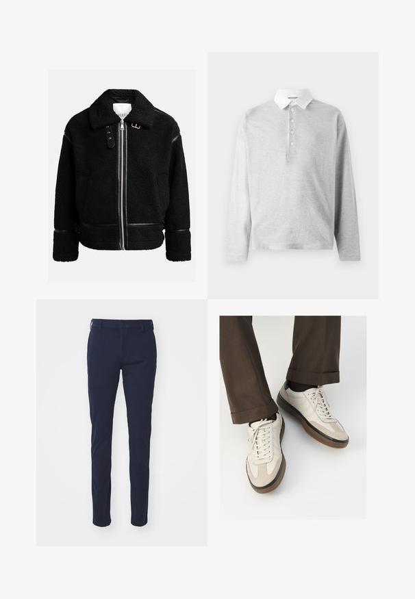 Čierna fleecová bunda so zipsom, širokým golierom a koženými detailmi na páse a manžetách. Má štruktúrovaný povrch.; Svetlošedá polo košeľa s dlhým rukávom vyrobená z jemného materiálu, s bielym golierom a knoflíkovou lištou so štyrmi gombíkmi. Hladká textúra, neformálny dizajn.; Námornícke modré nohavice s hladkou textúrou, štíhlym strihom, pútkom na opasok, gombíkovým zapínaním a prednými vreckami. Žiadne viditeľné vzory ani akcenty.; Béžové tenisky s textúrovanou zamšovou prednou časťou, hladkými koženými bočnými stranami a hnusou gumovou podrážkou. Obsahujú šnúrky a svetlé stehy ako detail.
