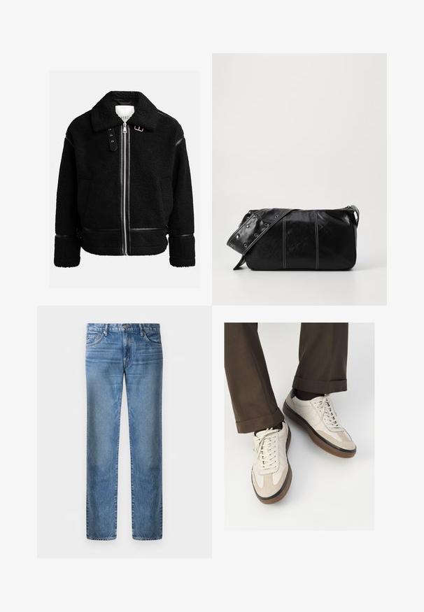 Zwarte fleecejack met een ritsluiting, brede kraag en leren accenten bij de taille en mouwen. Heeft een gestructureerde afwerking.; Lichtgrijze polo met lange mouwen van zachte stof, met een witte kraag en een knoopsluiting met vier knopen. Soepele textuur, casual ontwerp.; Lichtblauwe denim jeans, rechte pijpdesign, vijf zakken, metalen knoopsluiting, vervaagde textuur met een lichte slijtagepatroon aan de voorkant.; Beige sneakers met een leren voorkant van textuur-suède, gladde leren zijkanten en een bruine rubberen zool. Veters en lichte stikseldetails inbegrepen.; Zwarte leren schoudertas met een ritsluiting, voorzien van een gestructureerd lichaam, witte stiksels en een band met zilveren oogjes.