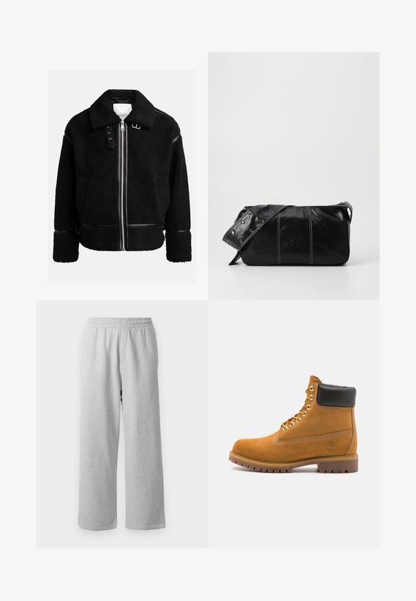 Zwarte fleecejack met een ritsluiting, brede kraag en leren accenten bij de taille en mouwen. Heeft een gestructureerde afwerking.; Lichtgrijze polo met lange mouwen van zachte stof, met een witte kraag en een knoopsluiting met vier knopen. Soepele textuur, casual ontwerp.; Grijze katoenen sweatpants met een elastische tailleband en wijde benen, met een gladde textuur en minimalistisch ontwerp, geschikt voor casual gebruik.; Tan suède enkelboot met zwart gevoerd kraagje, gouden metalen oogjes, witte stikdetails en een robuuste rubberen zool met uitgesproken profiel.; Zwarte leren schoudertas met een ritsluiting, voorzien van een gestructureerd lichaam, witte stiksels en een band met zilveren oogjes.