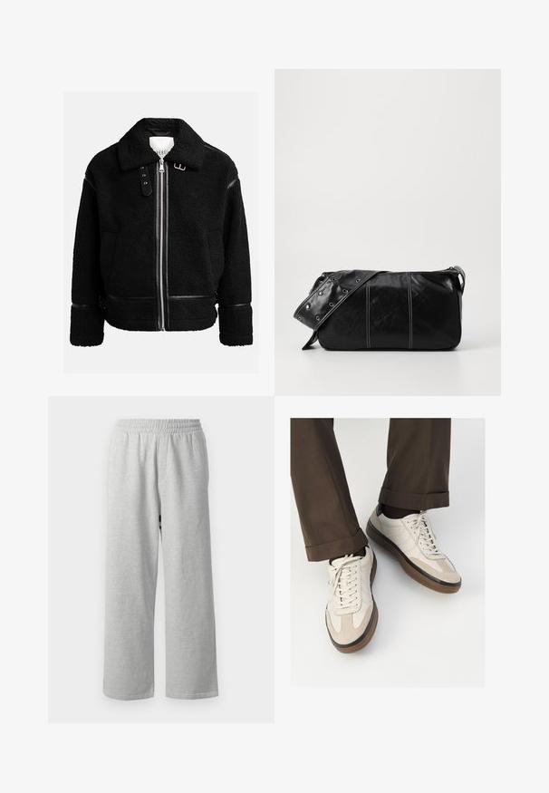 Melna vilnas jaka ar rāvējslēdzi, plata apkakle un ādas akcenti jostas vietā un piedurknēs. Iespējama teksturēta apdare.; Gaiši pelēks garo piedurkņu polo krekls, kas izgatavots no mīksta auduma, ar baltu apkakli un četru pogu aizdari. Gluda tekstūra, ikdienišķs dizains.; Pelēki kokvilnas sporta bikses ar elastīgu jostasvietu un platām kājām, ar gludu tekstūru un minimālistisku dizainu, piemērotas ikdienas nēsāšanai.; Beidzī lasi ar strukturētu zamšādu priekšpusi, gludiem ādas sāniem un brūnu gumijas zoli. Iekļauti auklas un viegla šuvuma detaļas.; Melnas ādas plecu soma ar rāvējslēdzēja aizdari, ar teksturētu virsmu, baltu dūrienu un siksnu ar sudraba iekavām.