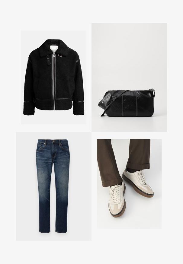 Mustmust jakk musta värvi, millel on tõmblukk, lai krae ja nahast detailid vöökoha ja varrukaotsades. Omab tekstureeritud viimistlust.; Hele hall polo-särk pikka varrukaga, tehtud pehmest kangast, millel on valge krae ja neli nupuvajutust. Sile tekstuur, lihtne disain.; Edwin REGULAR TAPERED - Kitsenevad teksad - blue mid dark used; Bežid spordijalised, millel on tekstuuriga suede esiosa, siledast nahast küljed ja pruun kummitald. Lisatud on paelad ja heledad õmbluse detailid.; Must mustra nahkainine õlakott, millel on tõmblukk, tekstureeritud pind, valged õmblused ja rihm hõbedaste rõngastega.