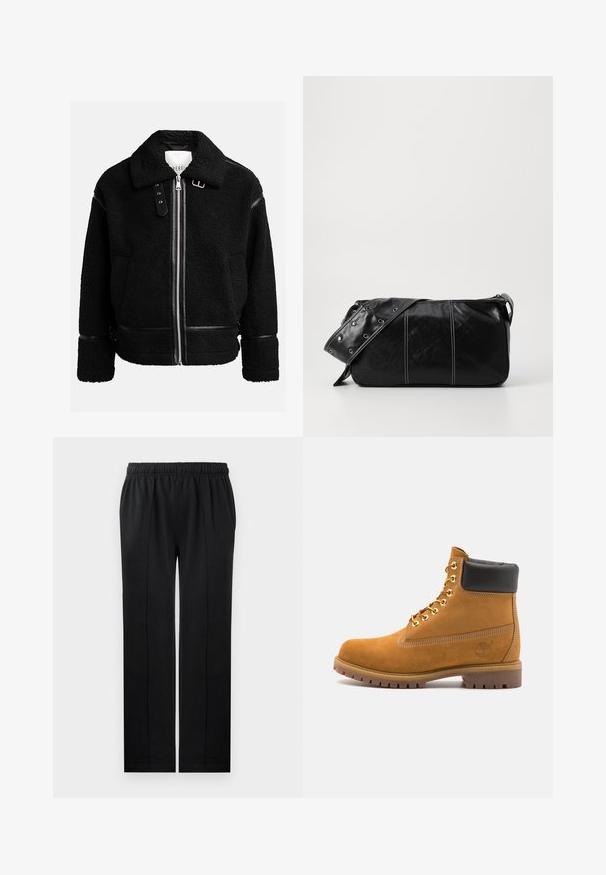Sort fleecejakke med lynlås, bred krave og læderdetaljer ved taljen og manchetterne. Har en struktureret overflade.; Lysegrå langærmet polo-shirt lavet af blødt stof, med en hvid krave og fire-knaps placket. Glat tekstur, afslappet design.; Sorte bukser lavet af blødt stof med elastisk talje, lige ben-design og to sidelommer. Har skjult syning som detalje.; Tan nubuck ankelstøvle med sort polstret krave, gyldne metaløjer, hvid syning detaljer og robust gummisål med udtalte slidbaner.; Sort læder skuldertaske med lynlås, der har en tekstureret overflade, hvid syning og en rem med sølvøskner.