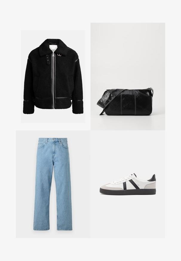 Musta fleece-takki, jossa on vetoketjukiinnitys, leveä kaulus ja nahkaiset yksityiskohdat vyötäröllä ja hihoissa. Ominaisuuksiin kuuluu teksturoitu pinta.; Harmaa pitkähihainen polo-paita, joka on valmistettu pehmeästä kankaasta. Paidassa on valkoinen kaulus ja neljän napin lista. Silkkaa pintarakennetta, rento muotoilu.; Vaaleansiniset denim-farkut suoranlahkeisella muotoilulla, viisi taskua, napitus ja vetoketjusuljenta sekä hieman haalistunut viimeistely.; Valkoiset lenkkarit mustilla ja harmailla yksityiskohdilla, joissa on teksturoitu harmaa kärki, musta kumipohja ja litteät valkoiset nauhat. Siisti muotoilu, minimalistinen tyyli.; Mustakulmainen nahkainen olkalaukku, jossa on vetoketjukiinnitys, teksturoitu pinta, valkoiset ompeleet ja hihna, jossa on hopeiset niitit.