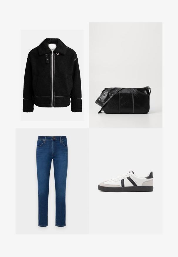 Crna flis jakna sa zatvaračem, širokim ovratnikom i kožnim detaljima na struku i manžetama. Ima teksturiranu površinu.; Svijetlosiva dugorukavna polo majica od mekog materijala, sa bijelom ovratnikom i četiri gumba. Glatka tekstura, ležeran dizajn.; Tamno plave traperice s ravnim nogavicama, prednjim džepovima i kopčanjem na dugme na struku. Glatka tekstura, minimalne detalje.; Bijele tenisice s crnim i sivim detaljima, s teksturiranim sivim zaštitnikom prstiju, crnim gumene potplate i ravnim bijelim vezicama. Čist dizajn, minimalistički stil.; Crna kožna torba preko ramena s zatvaranjem na patentni zatvarač, s teksturiranim tijelom, bijelim šavovima i remenom sa srebrnim okovima.