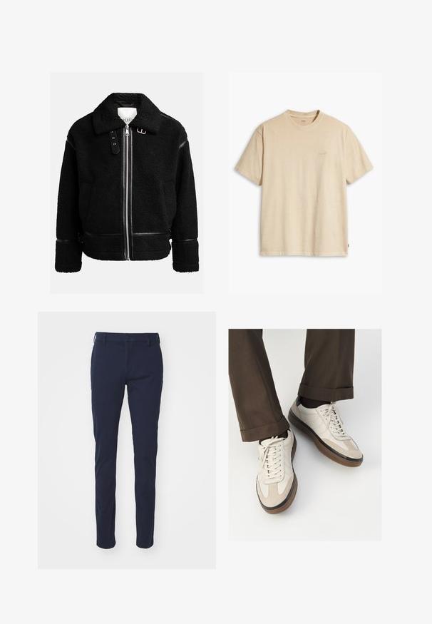 Mustmust jakk musta värvi, millel on tõmblukk, lai krae ja nahast detailid vöökoha ja varrukaotsades. Omab tekstureeritud viimistlust.; Beige puuvillane T-särk ümmarguse kaeluse ja lühikeste varrukatega. Rinnal on peene "Levi's" logo samas värvis. Pehme tekstuur.; Tumedadest värvi püksid sileda tekstuuriga, kitsas istuv disain, vöökohad, nööbiga sulgemine ja eesolevad taskud. Pole nähtavaid mustreid ega aktsente.; Bežid spordijalised, millel on tekstuuriga suede esiosa, siledast nahast küljed ja pruun kummitald. Lisatud on paelad ja heledad õmbluse detailid.