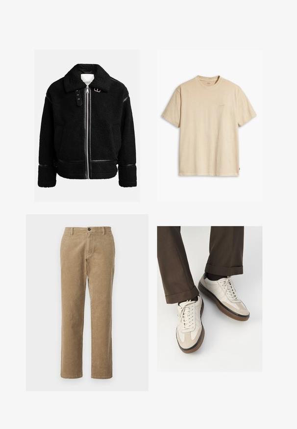 Čierna fleecová bunda so zipsom, širokým golierom a koženými detailmi na páse a manžetách. Má štruktúrovaný povrch.; Béžové bavlnené tričko s okrúhlym výstrihom a krátkymi rukávmi. Na hrudi je jemné logo "Levi's" v tej istej farbe. Mäkká textúra.; Hnedé kordové nohavice so strihom do rovna, s gombíkovým zapínaním a pútkami na opasok; obsahujú vertikálnu ryhovanú textúru a upravené lemy.; Béžové tenisky s textúrovanou zamšovou prednou časťou, hladkými koženými bočnými stranami a hnusou gumovou podrážkou. Obsahujú šnúrky a svetlé stehy ako detail.